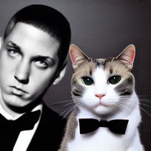 Image similar to Recovery-era Eminem holding a tuxedo cat, 80's style, photorealistic