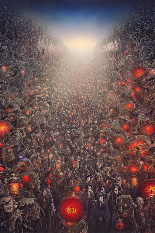 Image similar to 中 国 鬼 节, long procession of the dead is queuing up on the naihe bridge. psychedelic lights and fog, zdzislaw, ayami kojima, yamamoto, barclay shaw, karol bak, hyperrealist, 8 k