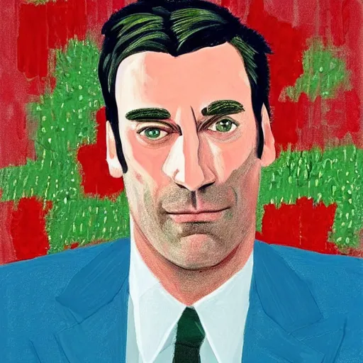 Prompt: portrait of jon hamm by david hockney and peter doig