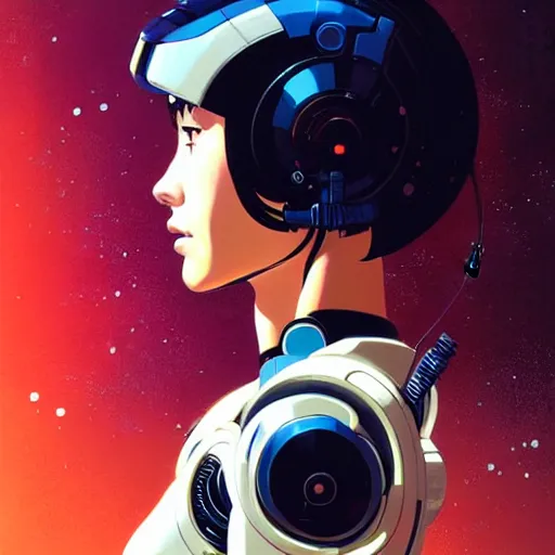 Image similar to side portrait scifi cyborg girl with robotic parts and spacesuit | | head only in center of image, audrey plaza, fine detail!! anime!! realistic shaded lighting!! poster by ilya kuvshinov katsuhiro otomo ghost - in - the - shell, magali villeneuve, artgerm, jeremy lipkin and michael garmash and rob rey