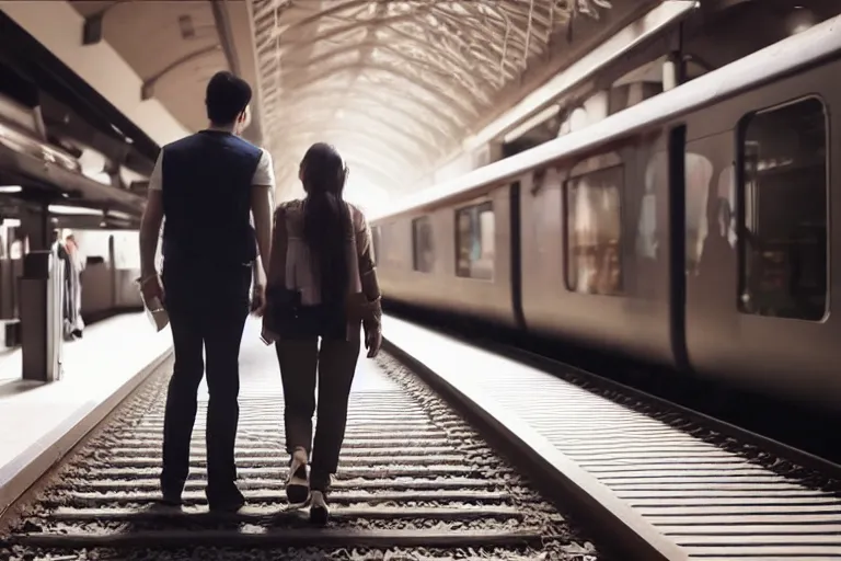 Prompt: vfx movie couple in a train station flat color profile low - key lighting cinematography atmospheric cool color - grade