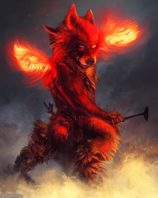 Image similar to oil painting of Angry Anthropomorphized Wolf Berserker, wearing red fur, claws, sharp focus, attack pose, fantasy style, octane render, volumetric lighting, 8k high definition, by greg rutkowski, highly detailed, trending on art Station, magic the gathering artwork, burning Battlefield background, centered