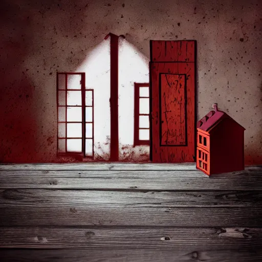 Image similar to A haunted dark moody dollhouse sitting in a large room with a red wood floor.