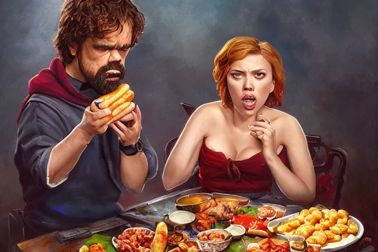 Image similar to portrait of peter dinklage sharing hotdogs with scarlett johansson, an oil painting by ross tran and thomas kincade