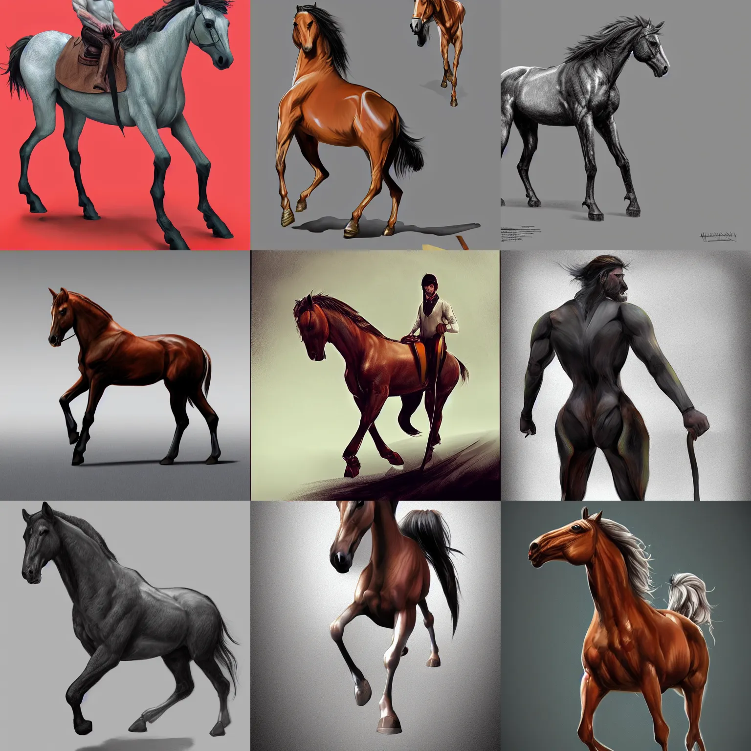 Prompt: a horse, legs replaced with human!!!!!!!!!! legs, concept art, digital art, artstation