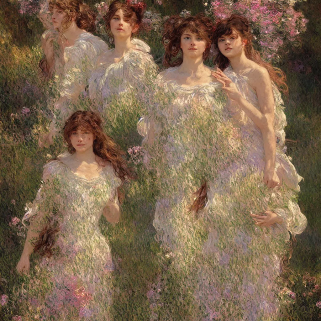 Image similar to illustration studio portrait of three beautiful seraphim female energy in artistic poses in nature, monet painterly motives and textures pattern, hyper detailed, octane render, vivid colors, artstation, by jeremy mann, by alphonse mucha, by monet