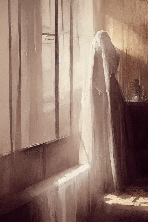 Image similar to Ghost in the bedroom, illustrated by Greg Rutkowski and Caspar David Friedrich., Trending on artstation, artstationHD, artstationHQ, 4k, 8k