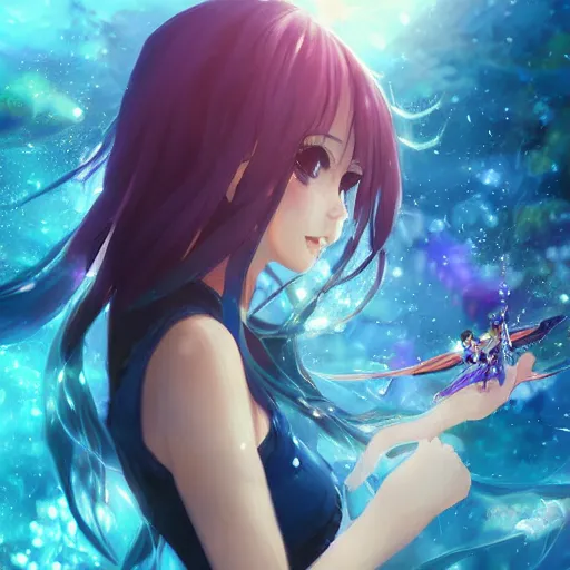 Image similar to a beautiful female human anime of time character, character is in all its glory under the water, character is centered on the image, character is holding magic weapon, rim lights, highly detailed professional photo, dynamic lights, particles and crystals are flying, very deep depth of field, trending on artstation, illustration, hyper realistic, vray caustics, super detailed, colorful accents, cinematic shot