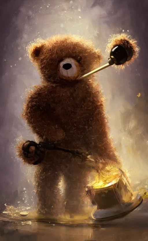 Image similar to a teddy bear mixing chemicals, mad scientist, oil painting, fantasy concept art, trending on art station, stunning visuals, creative, cinematic, ultra detailed