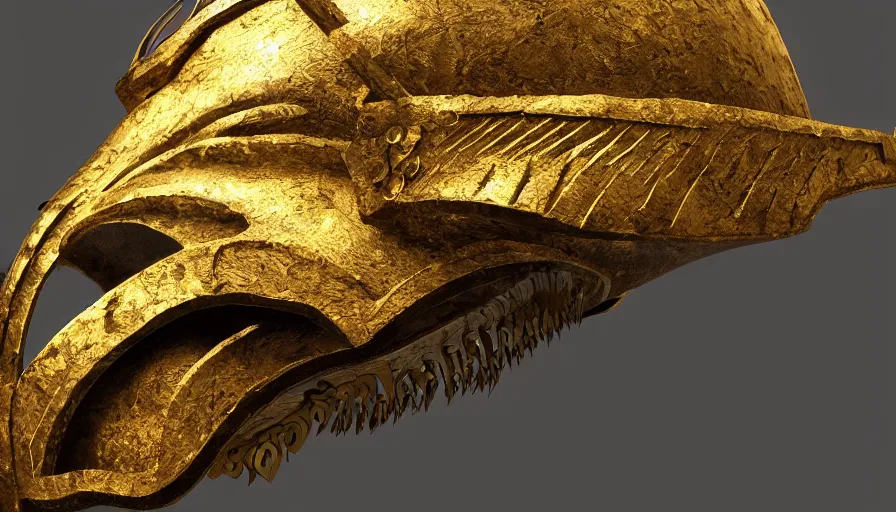 Image similar to viking dragon helmet, made from gold, photorealistic render