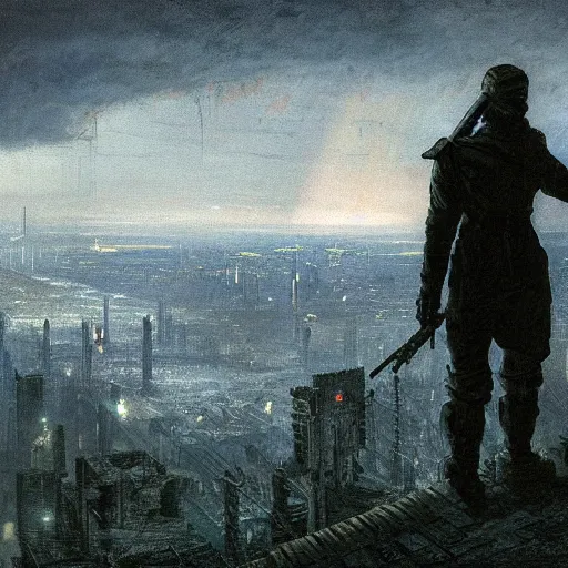 Prompt: wanderer with night vision goggles, dramatic light, sunset, sunrays, cyberpunk city in the background, ruins, buildings, dystoptian, gorgeous view, depth, painted by Caspar David Friedrich, clouds, tending on artstation