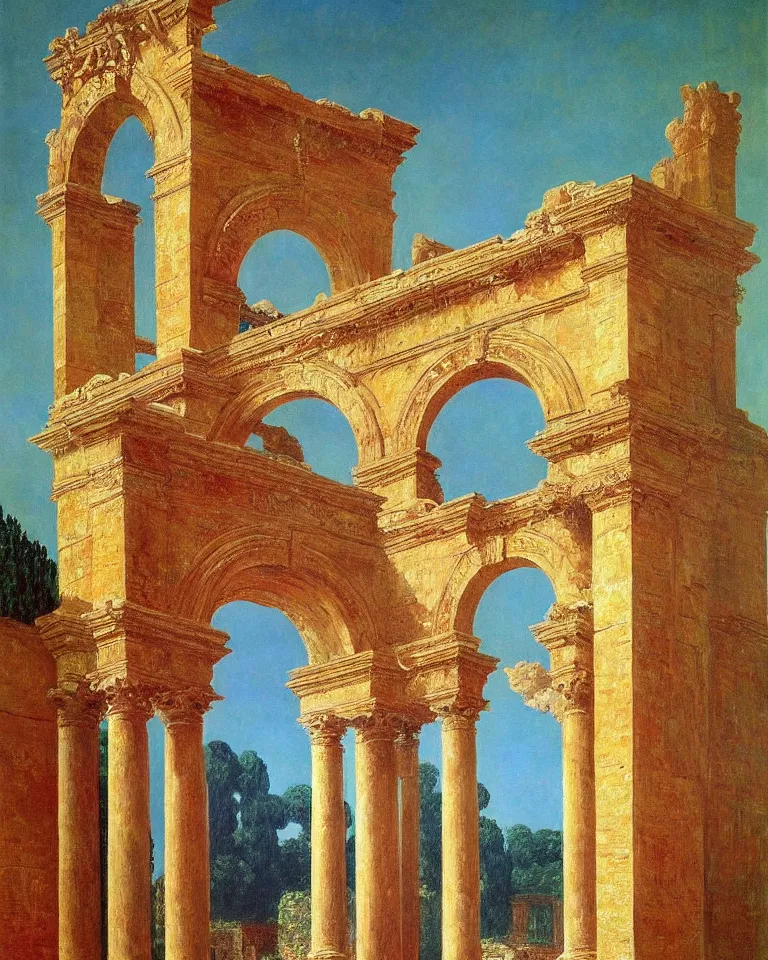 Image similar to achingly beautiful painting of intricate ancient roman arch on coral background by rene magritte, monet, and turner. giovanni battista piranesi.