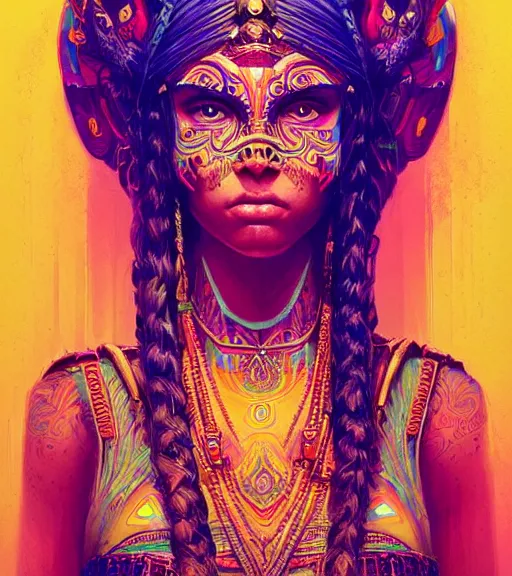 Image similar to beautiful intricate exquisite mayan princess realistic face, full body beautiful eyes, neon colors, drawing, in the style of greg rutkowski, fantasy, amazing detail, epic, intricate, elegant, smooth, sharp focus