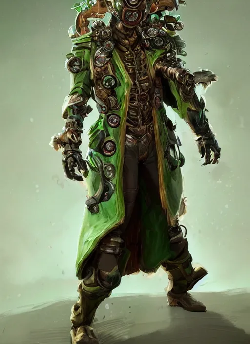 Image similar to a highly detailed illustration of thick wavy brown haired young white guy wearing brown trench coat and wearing green face mask, with many mechanical arms on his back, dramatic hands in pocket standing pose, intricate, elegant, highly detailed, centered, digital painting, artstation, concept art, smooth, sharp focus, league of legends concept art, WLOP