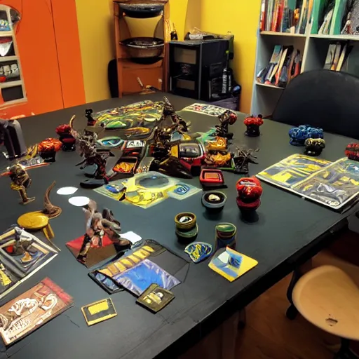 Image similar to untidy flat of game designer who plays blood bowl