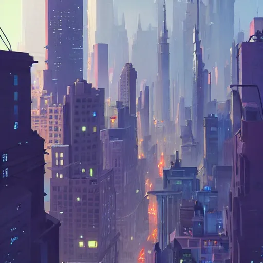 Image similar to city landscape, Gotham city, artstation, highly detailed, by makoto shinkai and thomas kindle and James gilleard