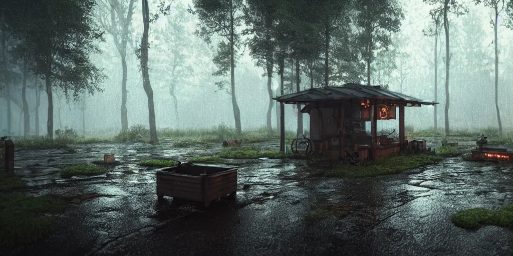 Image similar to blacksmith stall, cyberpunk, rain, in a forest, octane render