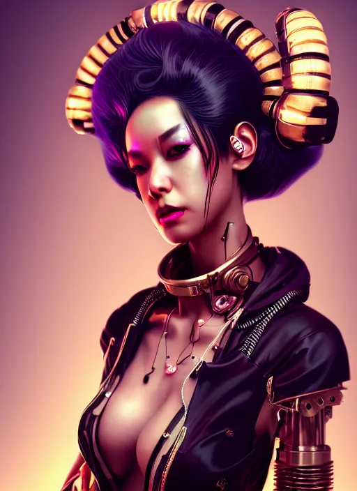 Prompt: soft lustrous ebony seductive geisha raver gutter punk steampunk cyborg, golden ratio, details, scifi, fantasy, cyberpunk city, intricate, decadent, highly detailed, digital painting, octane render, artstation, concept art, smooth, sharp focus, illustration, art by artgerm, loish, wlop