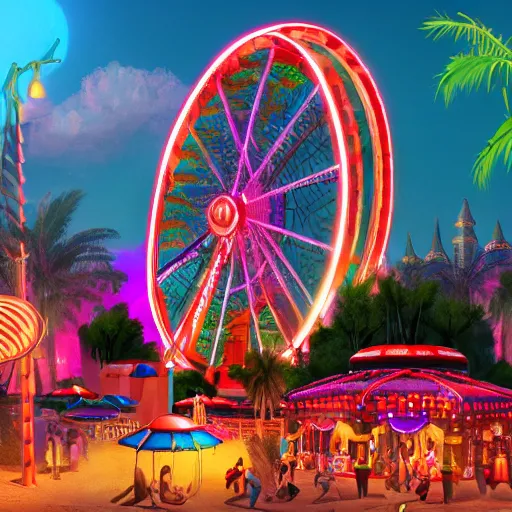 Image similar to an amusement park in old egypt, ferris wheel, bumper cars, lights, digital art, synthwave style, trending on artstation, matte painting