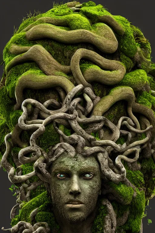 Image similar to giant medusa head of stone, mossy stone, deep jungle, octane render, unreal engine, trending on artstation, ultra detailed, realistic, cinematic lighting, astmopheric, 8 k