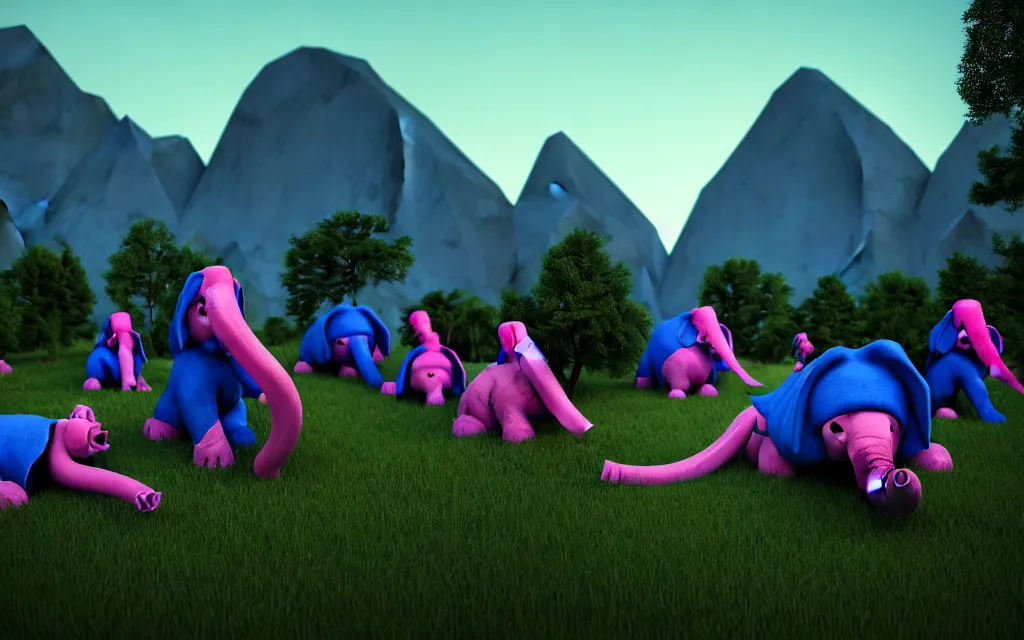 Image similar to a crowd of necromancers dressed in blue around a person in green clothing and a pink elephant face mask, lying on top of a rectangular rock in the center, mountains in the background, twilight lighting, ultra realistic, cycles render engine, 8 k,