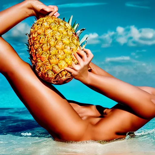 Image similar to j - lo, coconut bikini and a pineapple hat, professional photography, photoshop