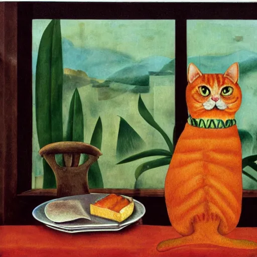 Image similar to fat orange tabby cat eating lasagna on a table, afternoon, by frida kahlo, neighborhood outside window