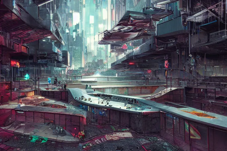 Prompt: cyberpunk skatepark set in a dystopian city, skateboards, digital art, highly detailed, 4 k