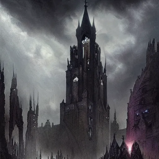 Image similar to an ultra detailed tarot card of a lonely and impossibly tall ominous gothic dark citadel tower of the evil patriarch, in the style of magic the gathering, in a river elevated high above the city, fantasy capital city, ultrawide lense, aerial photography, scary thunderstorm,, volumetric lighting, exquisite detail, 8 k, art by greg rutkowski and alphonse mucha