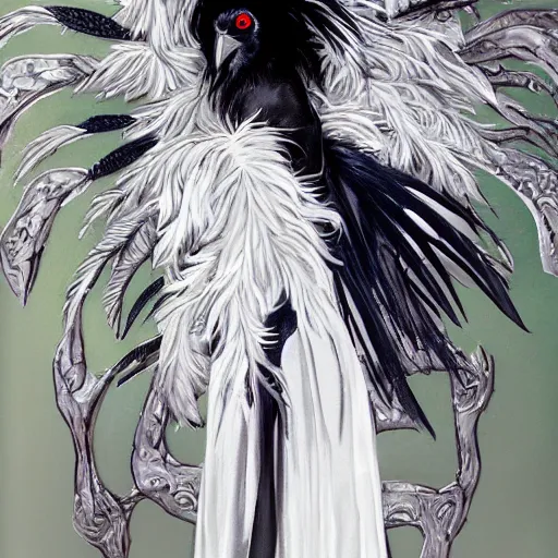 Image similar to Raven queen in a large raven-themed dress with feathers, high quality, portrait