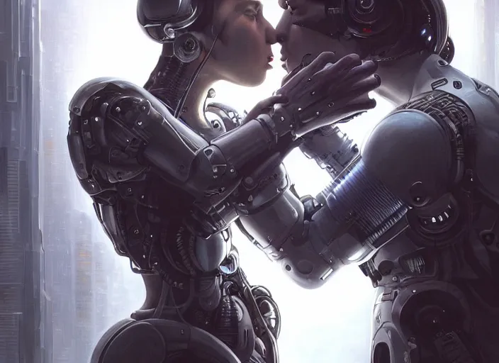 Image similar to ultra realistic medium shot of a couple of cyborgs kissing, lovers, romantic, cyberpunk, sci - fi, fantasy, kodak, colour led, soft light, volumetric lighting, fog, rays, night, intricate, highly detailed, digital painting, concept art, smooth, sharp focus, illustration, art by artgerm and greg rutkowski and alphonse mucha