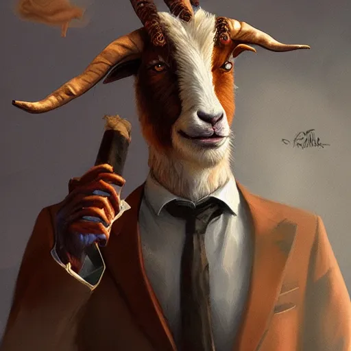 Image similar to award winning character art commission of an anthro furry humanoid goat smoking a cigar, three piece suit, character concept design, painting, detailed, vivid, trending on artstation, art by greg rutkowski