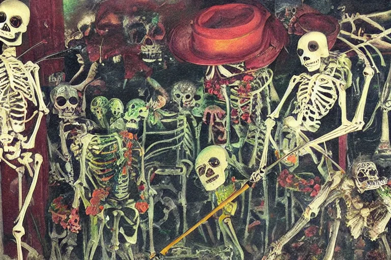 Image similar to scene from fishing, day of the dead, cyber skeleton, neon painting by otto dix