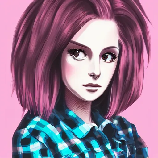 Image similar to full headshot portrait of Lana del ray punk, digital art, short pink hair, drawn by WLOP, by Avetetsuya Studios, anime manga panel, trending on artstation, wearing a plaid shirt