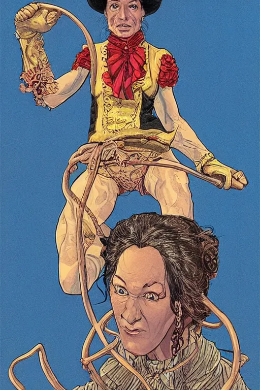 Prompt: maria. Smug old west circus acrobat. concept art by James Gurney and Mœbius.