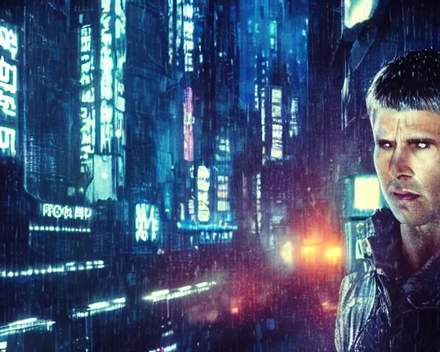 Image similar to 2 0 1 8 blade runner movie still man look at the cityscape from roof perfect face fine realistic face pretty face neon puffy