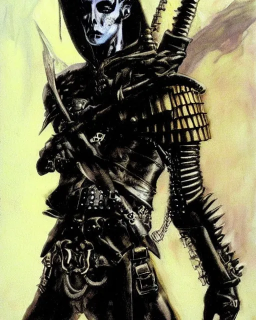 Image similar to portrait of a skinny punk goth soldier wearing armor by simon bisley, john blance, frank frazetta, fantasy, sorceror