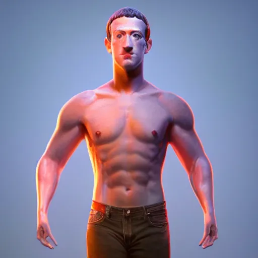 Image similar to professional photograph of very hot and muscular mark zuckerberg, gleaming skin, glowing, sparkling, hyper realistic, digital painting, rendered in unreal 5, octane render, artstation, ambient lighting