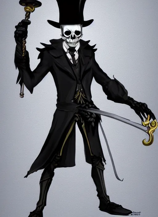 Image similar to DND character art, skeletal male figure, wearing a deep black suit!!! and tie and top hat, holding a gold! cane!, blue flames!!