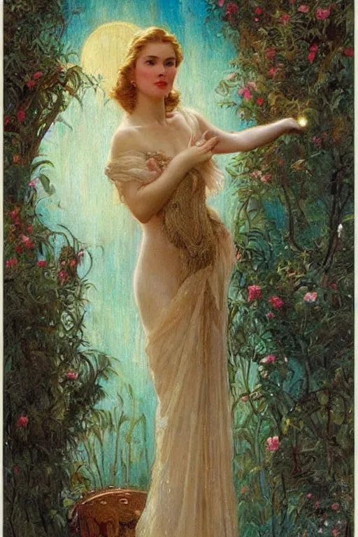 Image similar to A young and extremely beautiful Grace Kelly explaining the birds and the bees in the style of Gaston Bussière, art nouveau, art deco. Extremely lush detail. Night scene. Perfect composition and lighting. Surreal. A shaft of moonlight illuminates her.