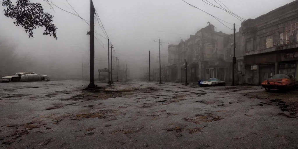 Image similar to wide angle shot of dilapidated silent hill in real life, desolate town, empty streets, nightmarish, some rusted retro futuristic parked cars, overcast, blankets of fog pockets, rain, volumetric lighting, beautiful, daytime, autumn, sharp focus, ultra detailed, cgsociety