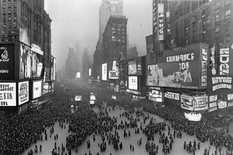 Image similar to a wide angle photograph of times square on new years eve, 1945, black and white