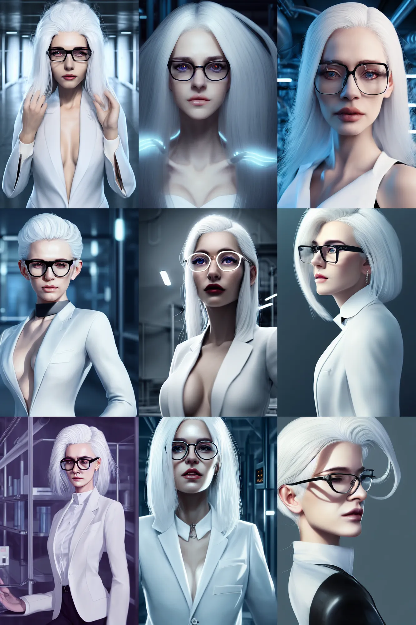 Prompt: a portrait of a beautiful woman with white hair, wearing white suit and glasses, standing inside a research facility, beautiful face, long black hair, animation, arcane, character portrait, illustrated by wlop, extremely detailed, 8 k, trending on artstation, cinematic lighting, beautiful body