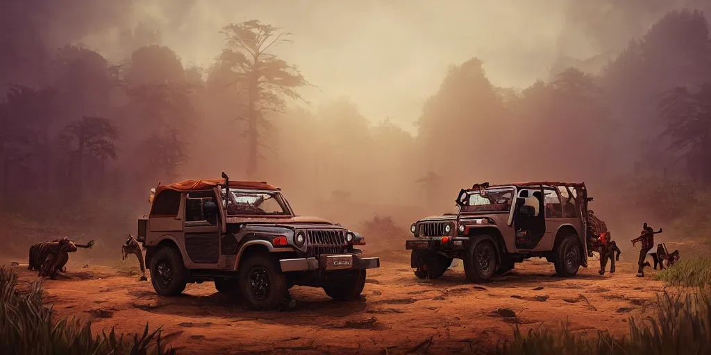 Image similar to Mahindra thar, tribe members attacking, action scene, an epic fantasy, dramatic lighting, cinematic, establishing shot, extremely high detail, photorealistic, cinematic lighting, artstation, by simon stalenhag, horizon forbidden west