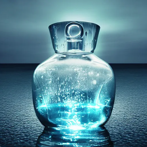 Image similar to a human head in a bottle shape water art manipulation, on the ocean water, futuristic, glowing, hyper realistic, ray tracing, realistic water splashes, sharp focus, long shot, 8 k resolution, cinematic, photoshop art