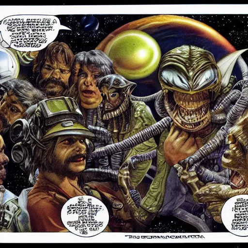 Image similar to the crew of the nostromo playing dungeons & dragons, alien 1 9 7 9, ron cobb, highly detailed, comic book, science fiction, used future