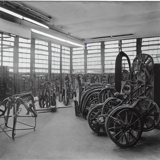 Image similar to a historical photograph of Marcel Duchamp surrounded my ancient machines in a vast empty white room, 1919, courtesy of Centre Pompidou