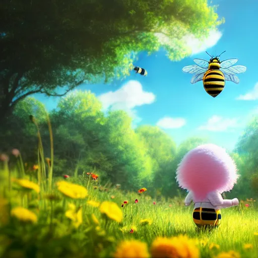Image similar to large cute bee flying to crimson - black cute bee art school, in a beautiful forest meadow village landscape, flowers, happy trees, photorealistic, octane render, rtx, hdr, unreal engine, digital art widescreen 8 k, studio ghibli, disney, wlop