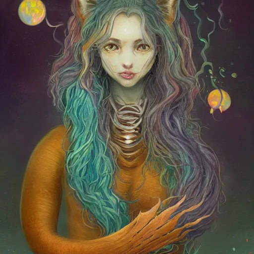 Prompt: cat seahorse mermaid shapeshifter wearing a comfy sweater, long-haired humanoid fursona by Peter Mohrbacher and Louis Wain, furaffinity, trending on artstation