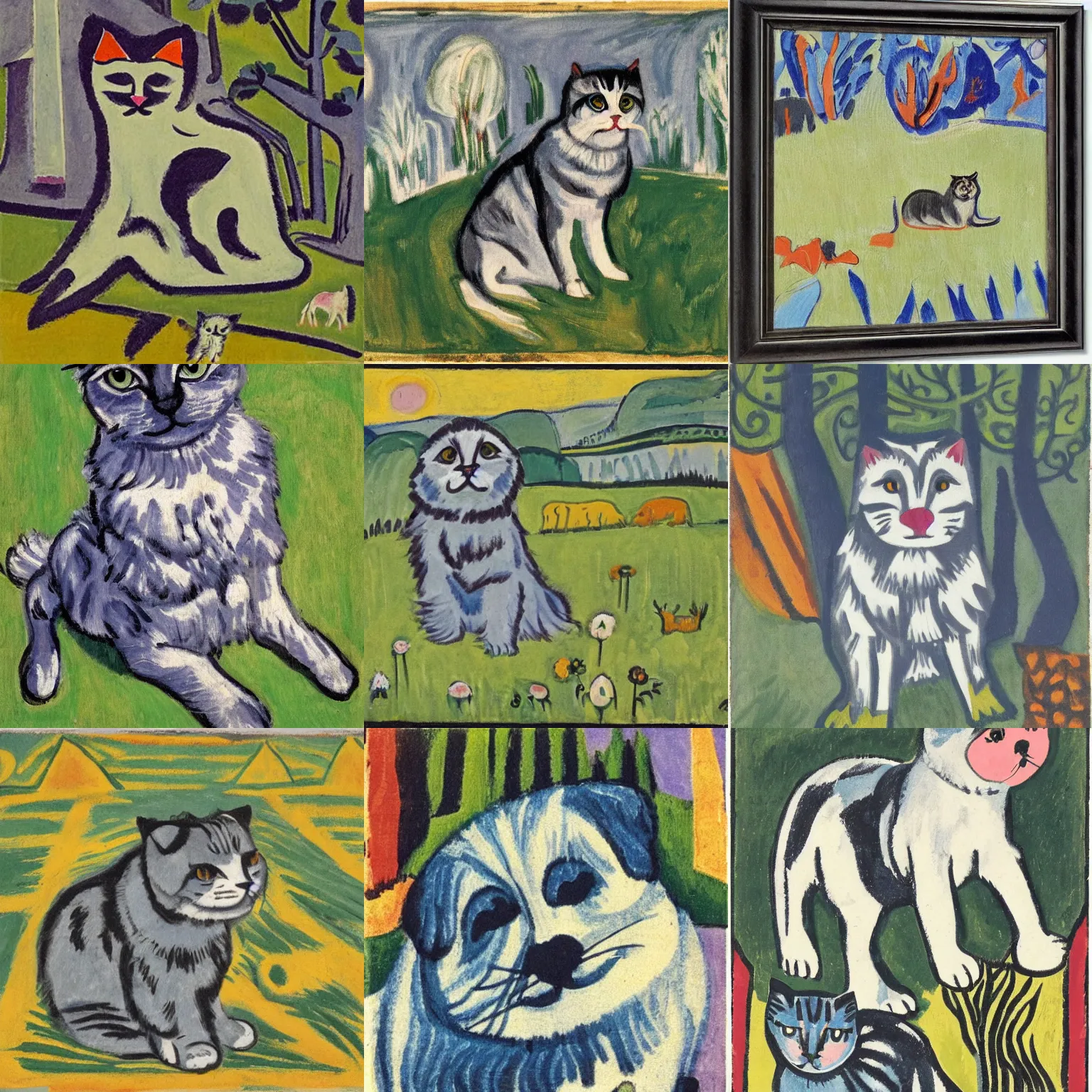 Image similar to a gray scottish fold sitting in the middle of sunny meadow, by ernst ludwig kirchner